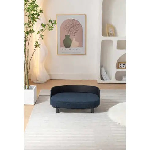Scandinavian Style Elevated Dog Bed Pet Sofa With Solid Wood Legs And Bent Wood Back, Velvet Cushion, Dark Blue